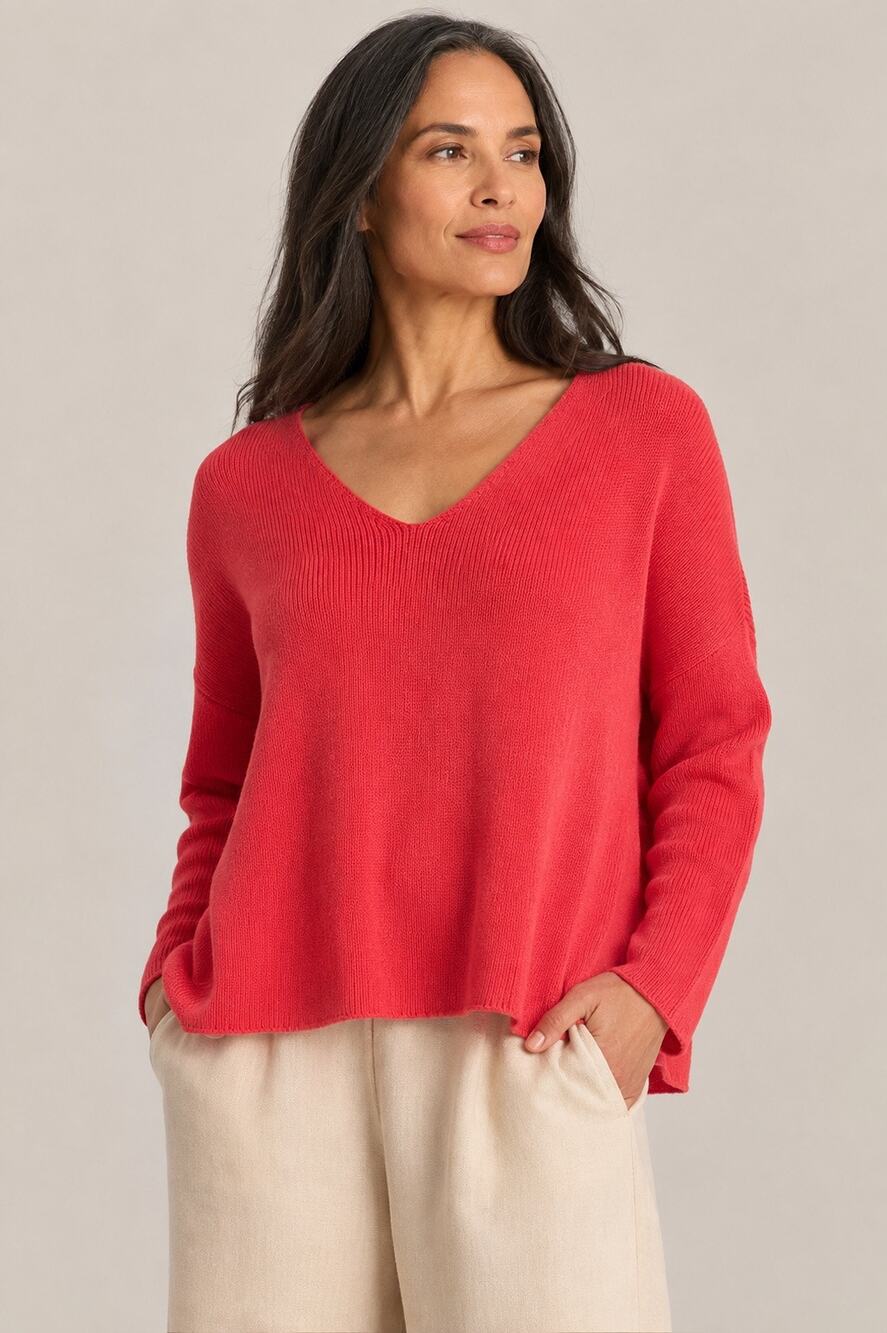 Eileen Fisher Organic Cotton V-Neck Oversized Sweater – Coral Red – Size L/G